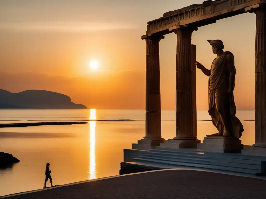 Lógica de las paradojas en la Antigua Grecia - Estatua de Parmenides y Heraclitus, filósofos griegos, en paisaje sereno y elegante