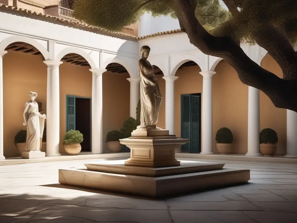 Mujeres filósofas en la Antigua Grecia: Patio griego antiguo con estatua de mujer, simbolizando su fuerza e intelecto