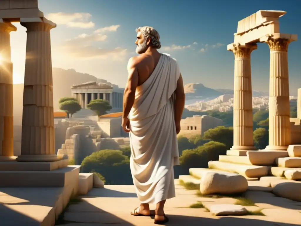 Filósofo griego con toga blanca y ruinas antiguas Vestimenta filósofos Antigua Grecia - Imagen realista de un filósofo griego vistiendo una toga blanca y elegante contra ruinas griegas con luz solar