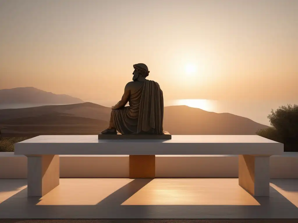 Paisaje sereno al atardecer en Grecia con filósofo antiguo reflexivo y naturaleza exuberante