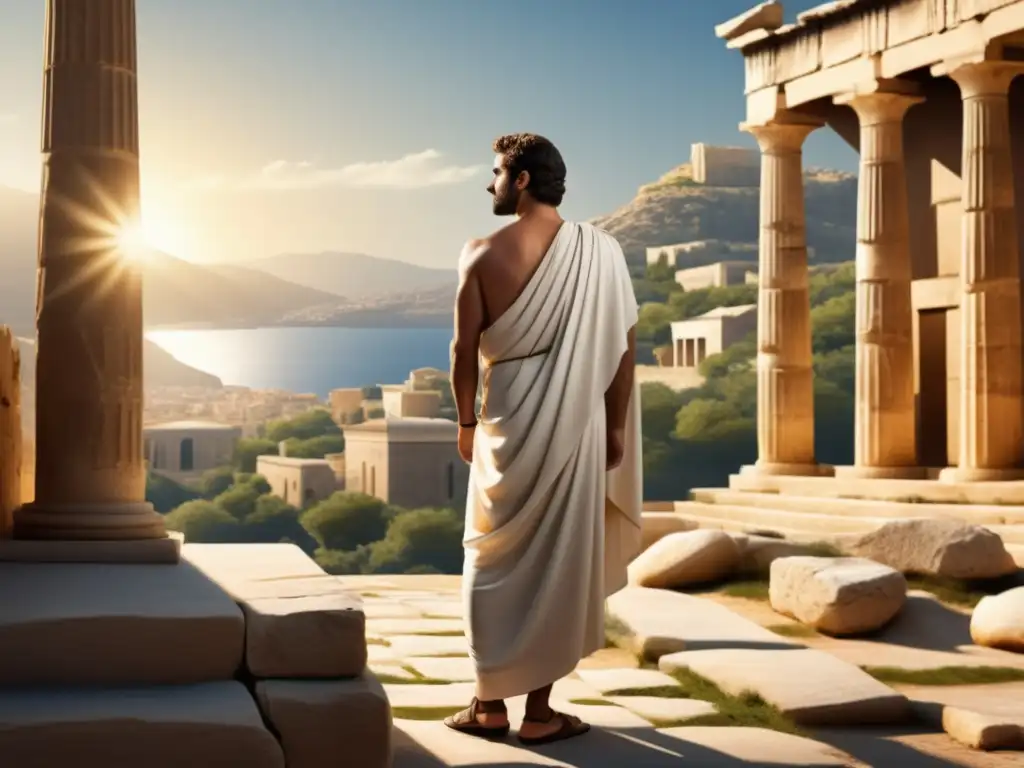 Filósofo griego en toga, con ruinas antiguas al fondo Filósofo griego con toga, frente a ruinas antiguas, expresión sabia y vestimenta tradicional