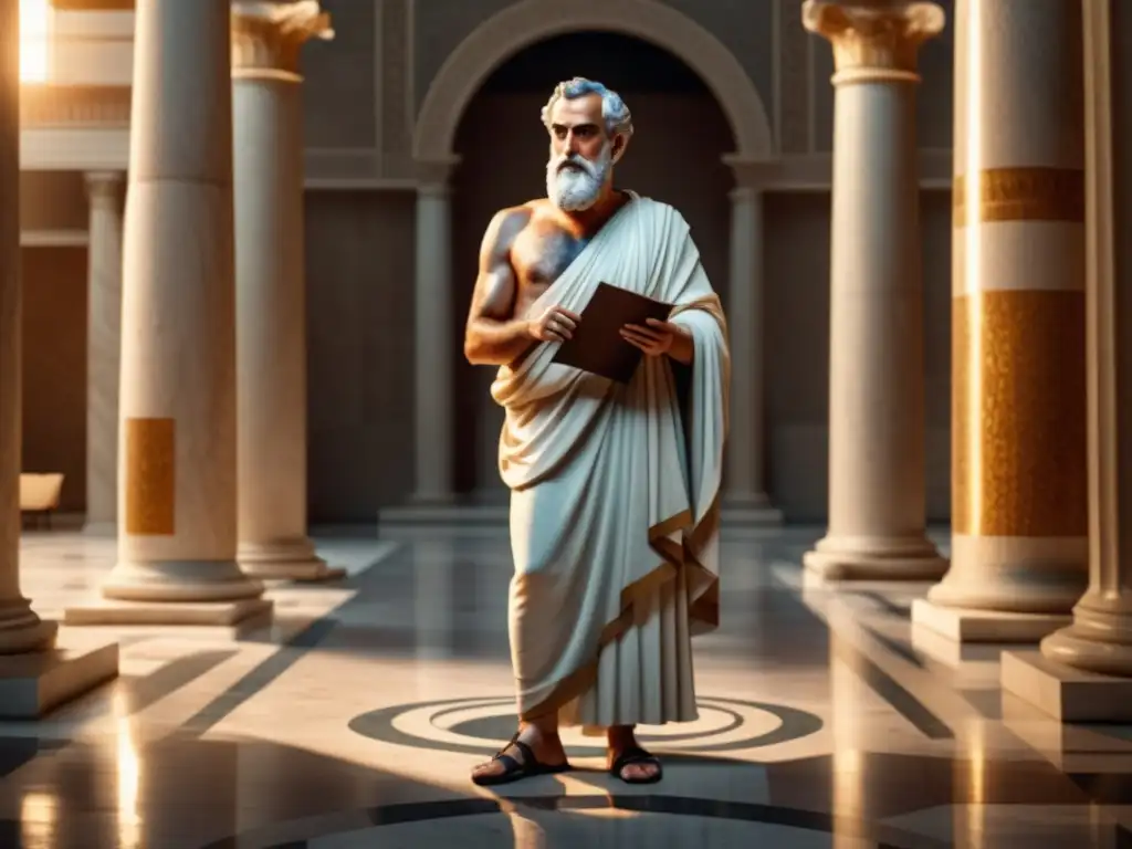 Filósofo griego en gran hall Filósofo de la Antigua Grecia en vestimenta toga, en majestuoso salón con columnas de mármol y pisos de mosaico