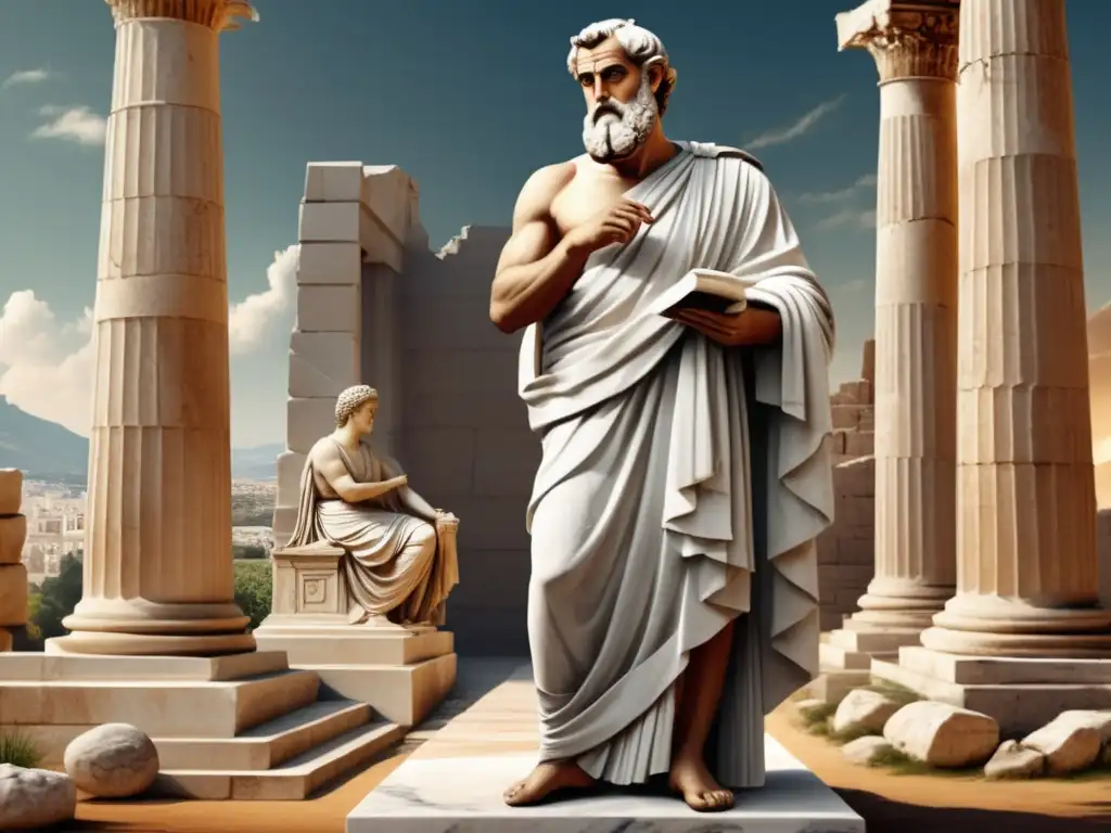 Filósofo griego en toga, sobre pedestal de mármol en ruinas antiguas Filósofo griego con toga en ruinas antiguas y detalles de vestimenta de la antigua Grecia