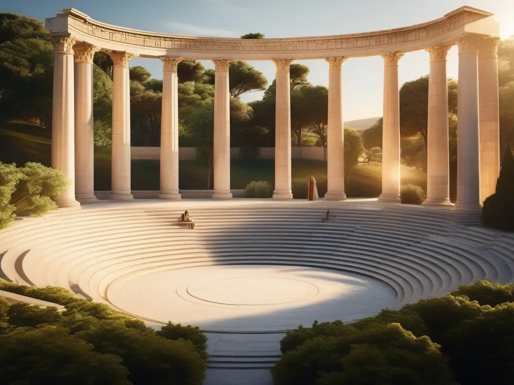 Amphitheater griego con filósofos presocráticos y abstracción occidental