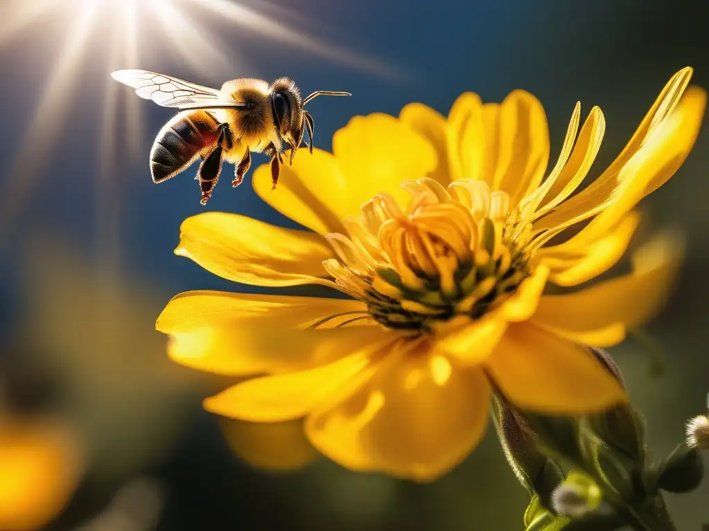 Abejas sagradas de Artemisa en Grecia: vibrante flor amarilla en plena floración con una abeja en vuelo