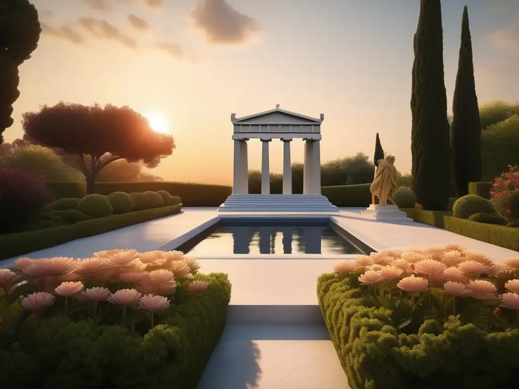 Un jardín griego sereno al atardecer, con estatua de mármol de Platón, flores vibrantes y un templo antiguo