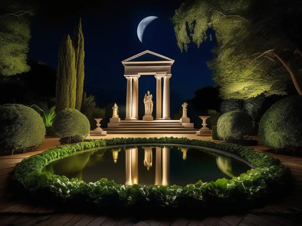 Un jardín griego iluminado por la luna, con estatuas y poesía lírica antigua