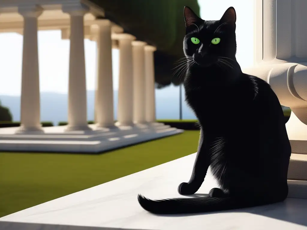 Gato negro elegante frente a templo griego, simbolizando su significado histórico en la Antigua Grecia