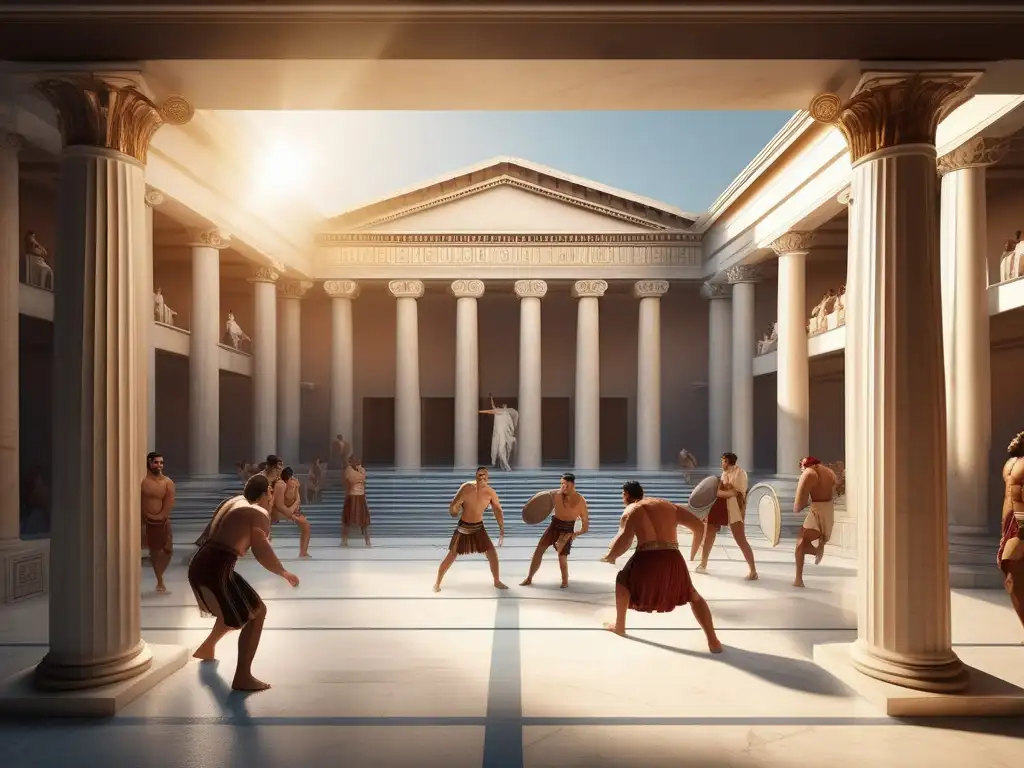 Entrenamiento físico en la Antigua Grecia: atletas en un gymnasium rodeado de columnas de mármol, practicando lucha y lanzamiento de disco