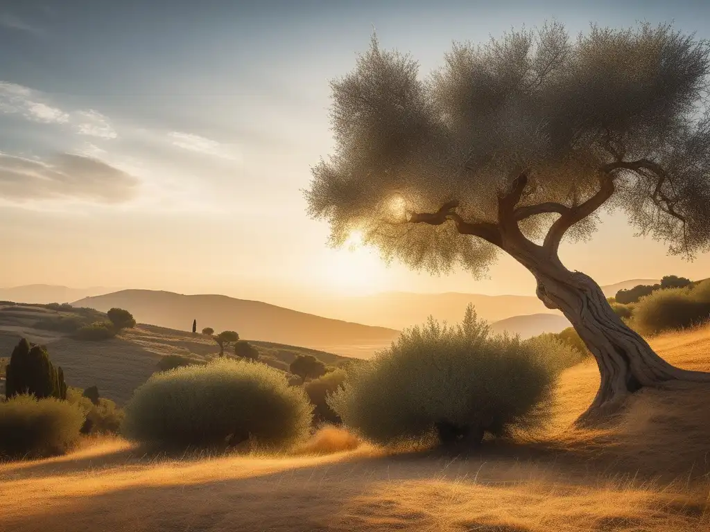 Un paisaje antiguo y sereno de Grecia, con un olivo solitario y vibrante, colinas y viñedos