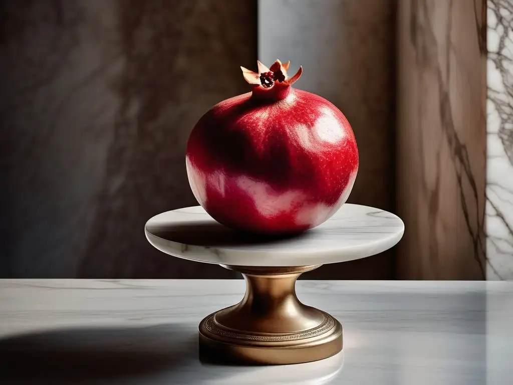 Pomegranate rojo sobre pedestal de mármol, simbolizando la agricultura en la Antigua Grecia