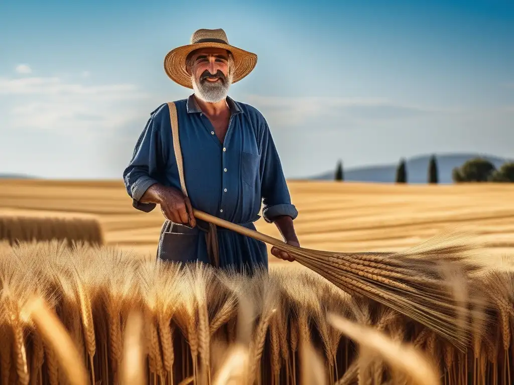 Agricultor griego en campo de trigo, con herramientas agrícolas antiguas Grecia