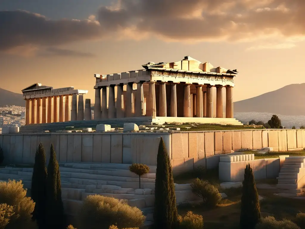 Viajes de Alejandro Magno en Grecia: Acropolis al atardecer con el Parthenon y paisaje sereno