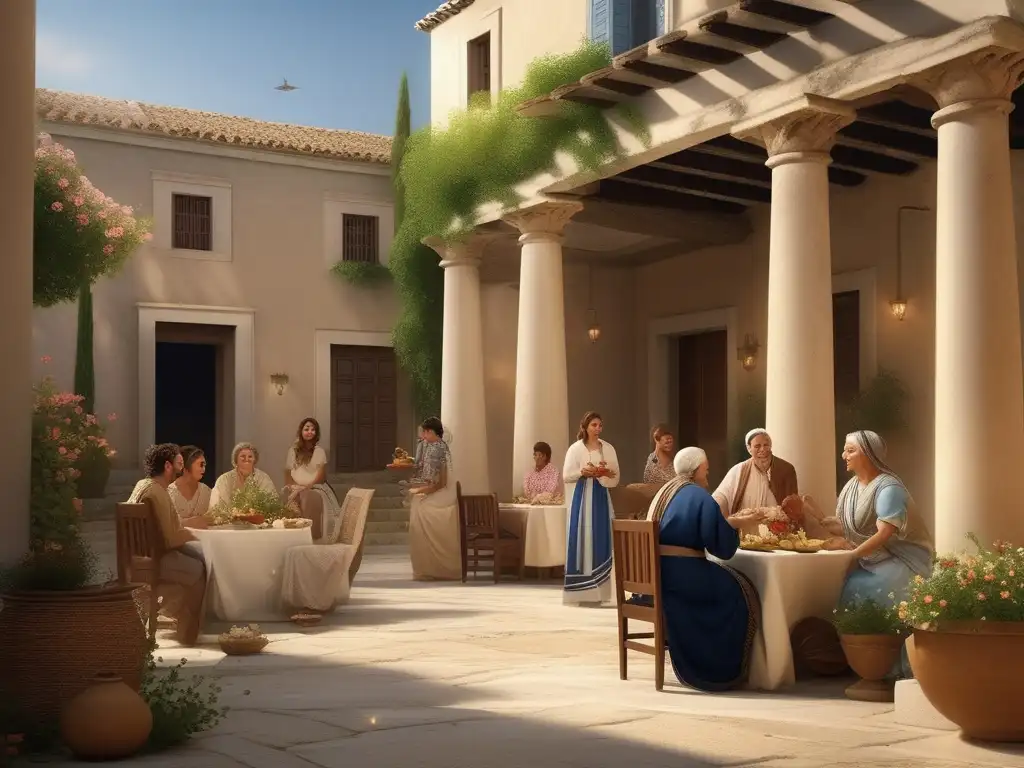 Familia en la antigua Grecia: Courtyard griego con familia extendida, actividades, columnas, flores, comida, risas, niños jugando
