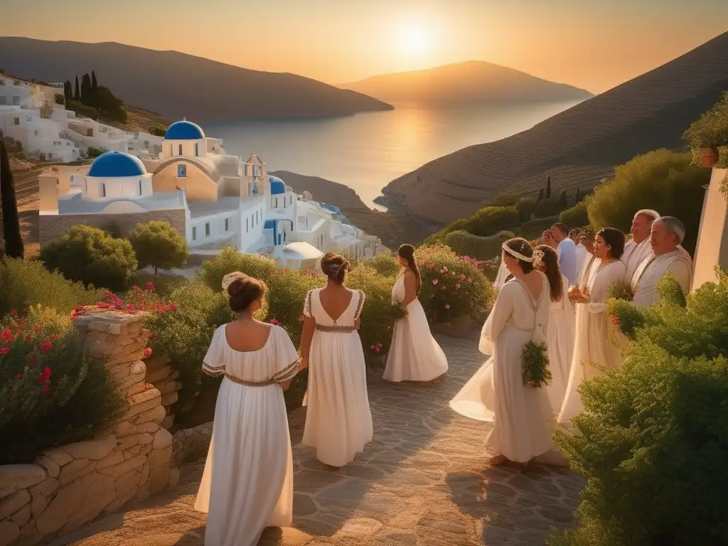 Influencia Celebraciones Dionisíacas en Grecia: Imagen impresionante de un sereno pueblo griego rodeado de verdes colinas, con casas blancas y puertas y ventanas azules, iluminadas por el cálido resplandor dorado del sol