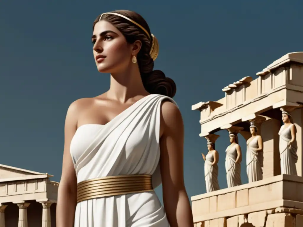 Mujer griega con chitón y arquitectura Mujer griega en chitón, prenda emblemática de la antigua Grecia: elegante, detallada y simbólica