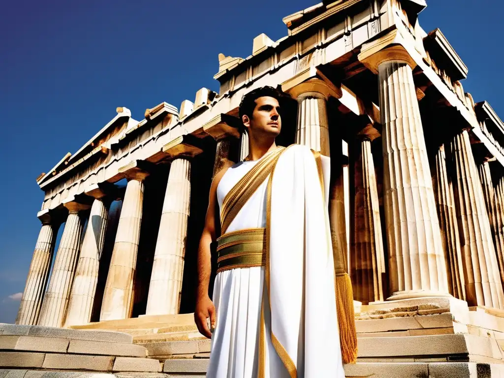 Vestimenta democrática en Grecia antigua - Ciudadano griego con toga frente al Parthenon