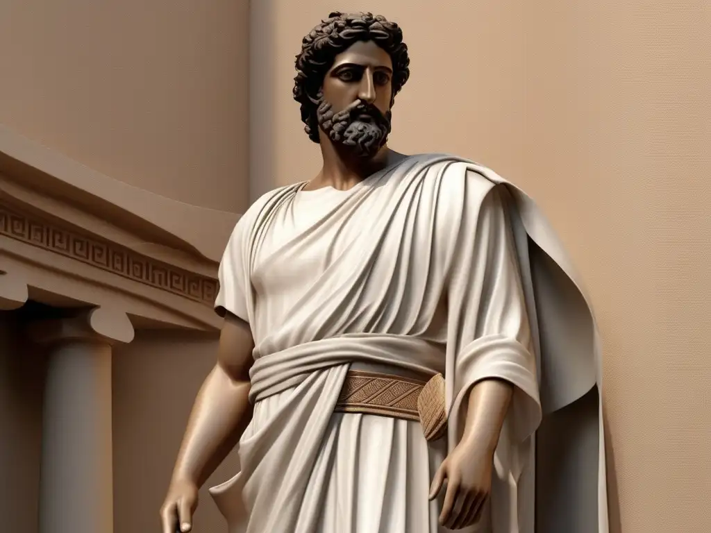 Figura masculina griega con túnica y himation, detalle impecable - Evolución moda masculina Grecia
