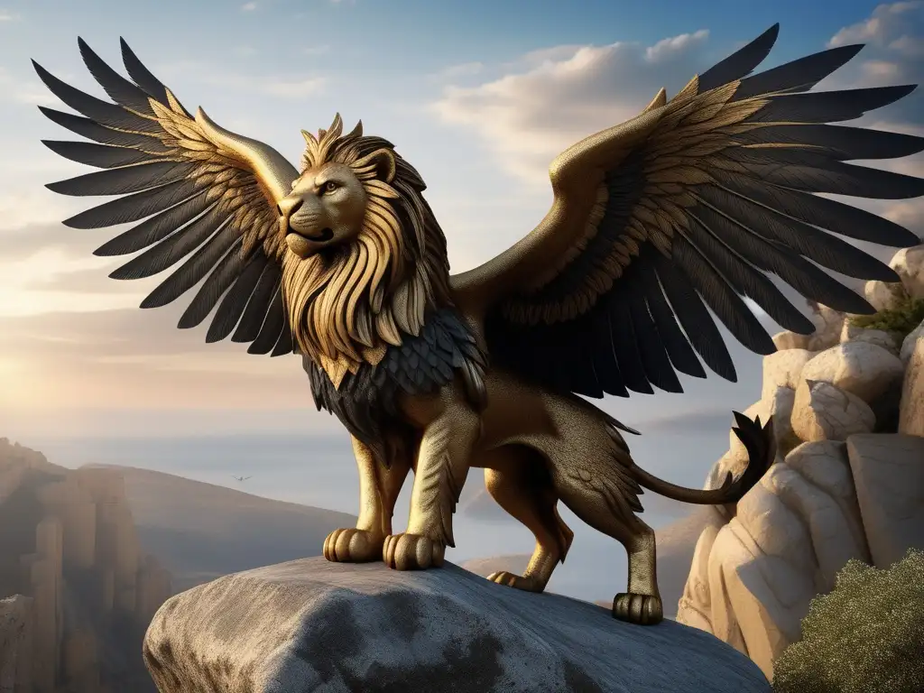 Griffin en paisaje griego, simboliza importancia de animales en mitos griegos