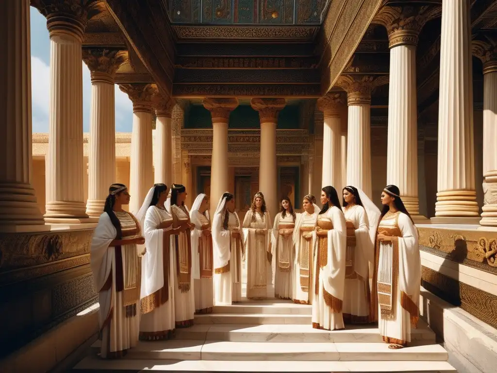 Importancia mujer festivales religiosos Grecia: Detalle de grupo de sacerdotisas en majestuoso templo griego, realizando tareas sagradas