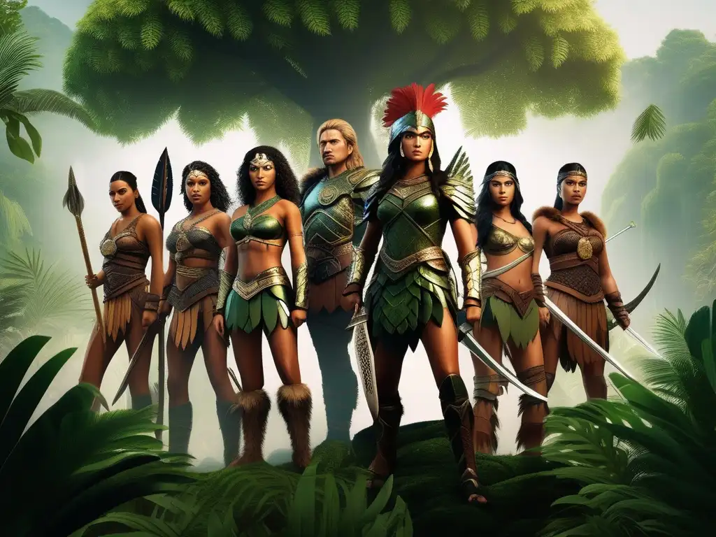 Imagen de guerreras Amazonas: Mitología de las guerreras Amazonas en un bosque exuberante, con detalles impresionantes y armaduras intrincadas