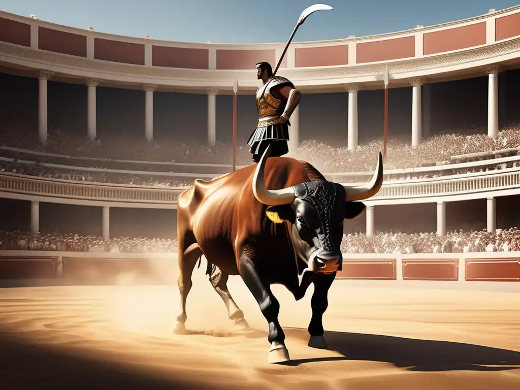 Escena de toros en la antigua Grecia: guerrero enfrenta toro en arena, significado del toro en Grecia antigua