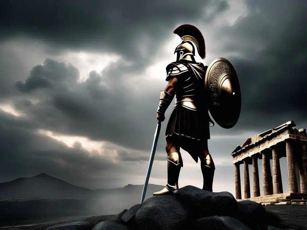 Influencia guerra Grecia: guerrero griego, armadura bronce, lanza, escudo griego, nubes tormenta, templos antiguos, literatura y cultura