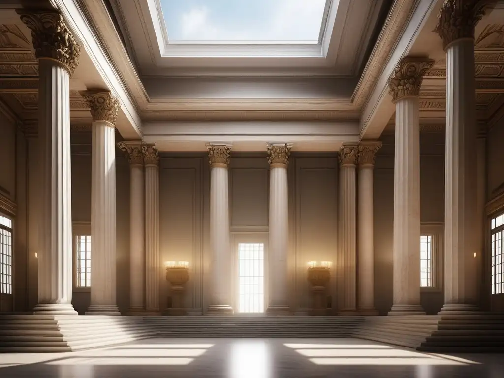 Didáctica práctica en la Antigua Grecia: Filósofos debatiendo en majestuoso salón con detalles impresionantes