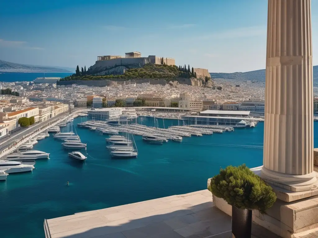 Comercio marítimo en la Antigua Grecia: Vista impresionante del puerto de Atenas en la época clásica, con aguas cristalinas y el Parthenon de fondo