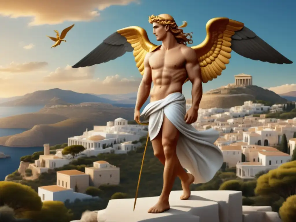 Hermes, mensajero de los dioses, en paisaje griego: importancia de su rol en mitología