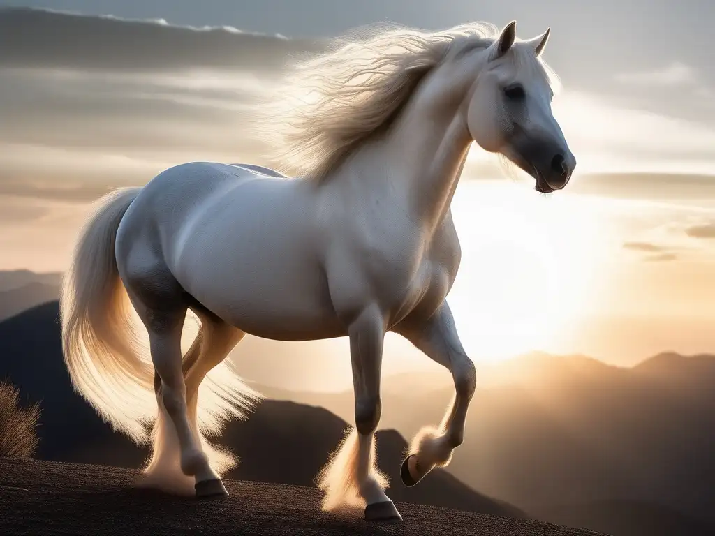 Caballo blanco majestuoso en montaña al atardecer - Significado animales sagrados en mitología griega