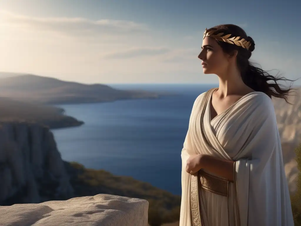 Mujer heroína de la antigua Grecia en paisaje majestuoso