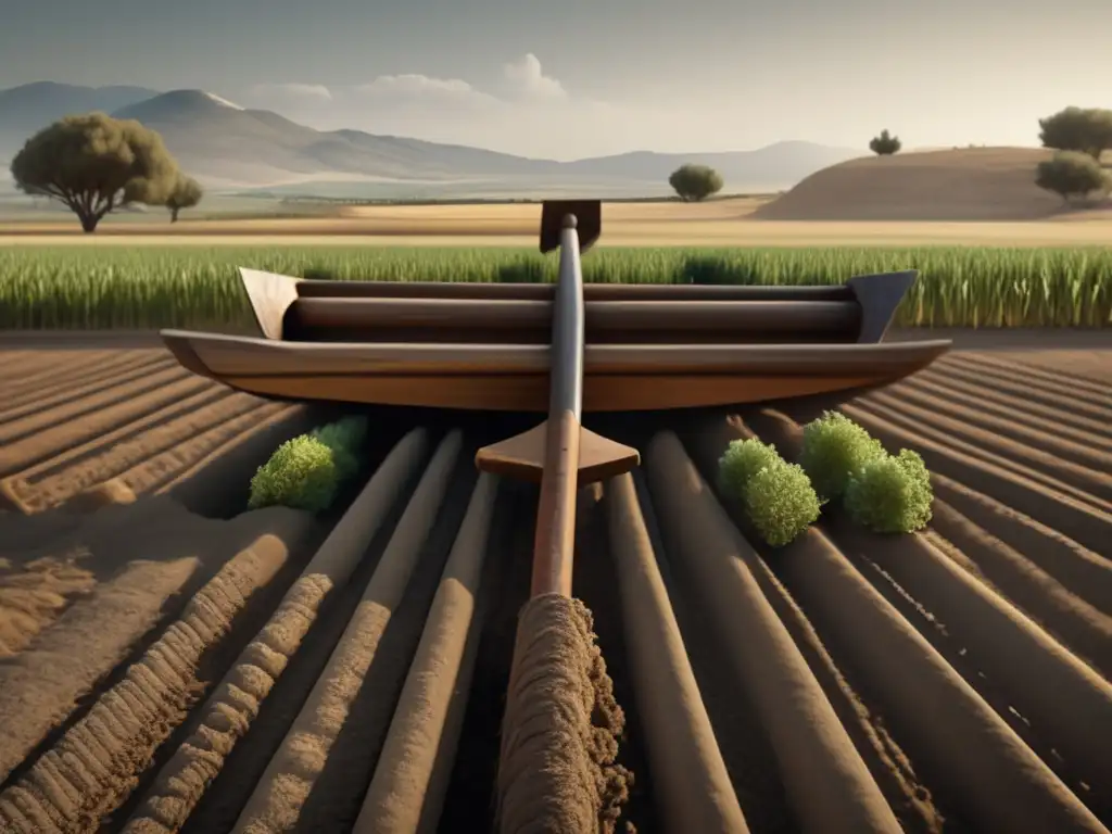 Herramientas agrícolas antiguas Grecia: Plow, trilladora, rastrillo y azada en imagen detallada