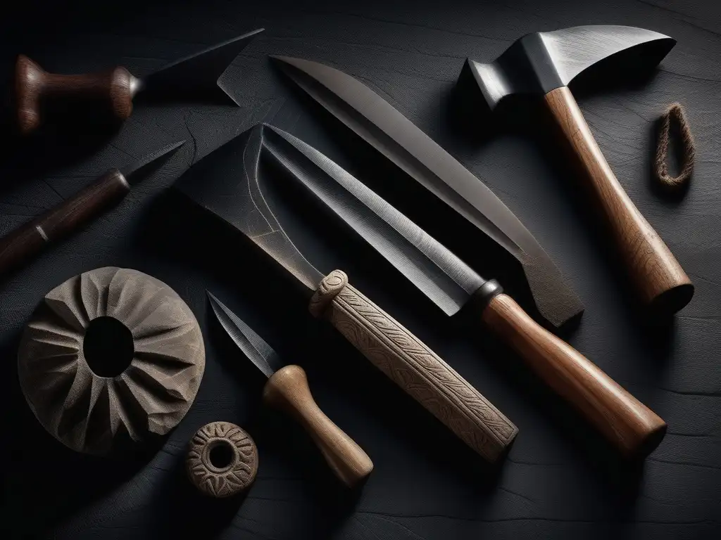 Herramientas antiguas de Grecia: manos sujetando cincel y martillo, resaltando detalles y texturas