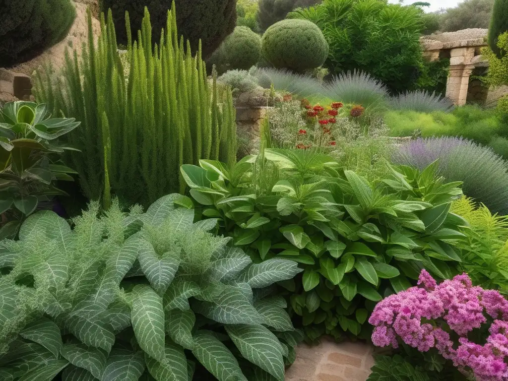 Hierbas medicinales en Grecia Antigua: Jardín vibrante lleno de plantas aromáticas y detalles intrincados