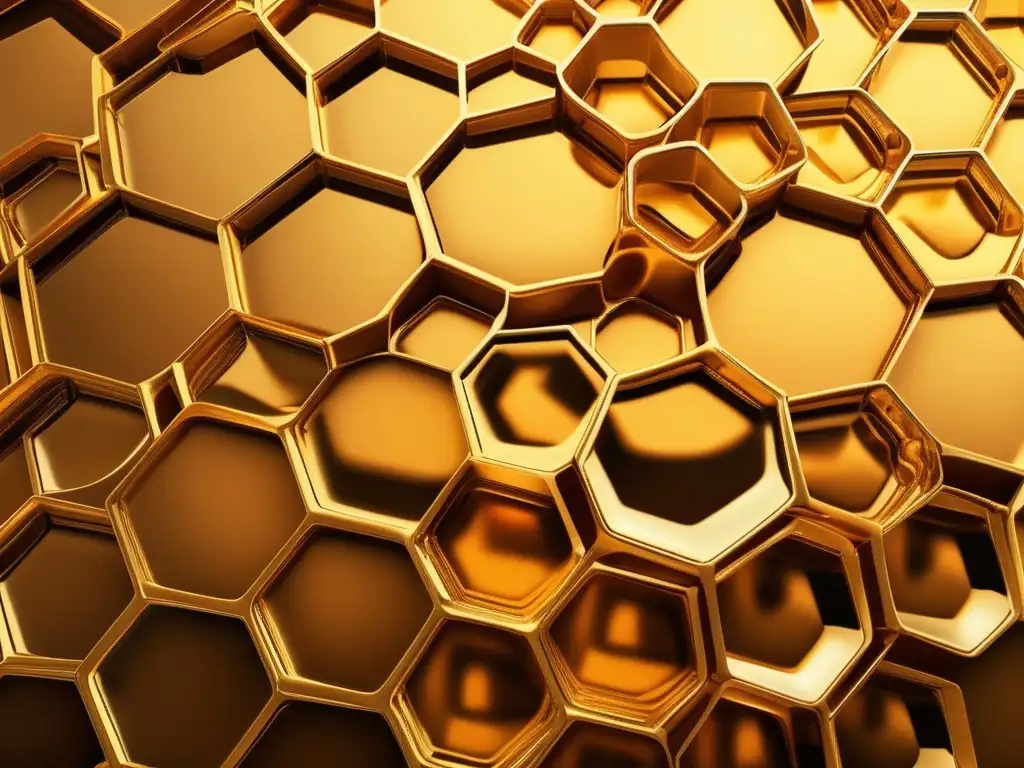 Significado simbólico de la abeja en Grecia: Honeycomb dorado y simétrico con células hexagonales y gotas de miel brillante