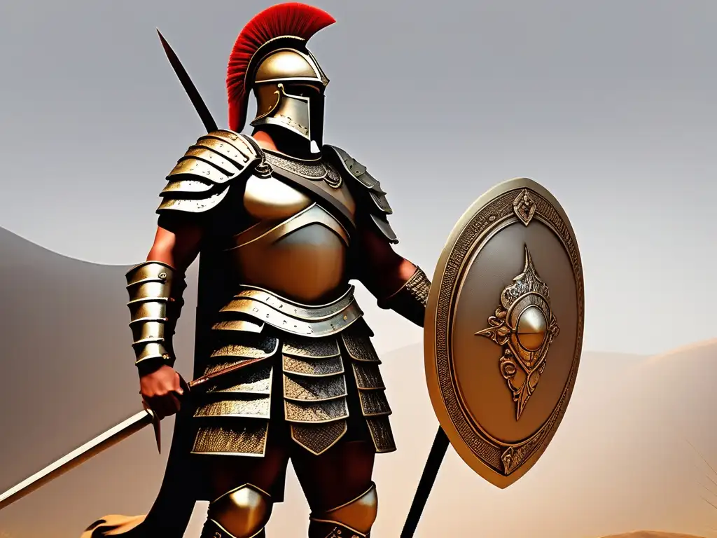 Tecnología bélica antigua Grecia: Hoplita orgulloso en armadura de bronce, con casco adornado, lanza y escudo hermoso