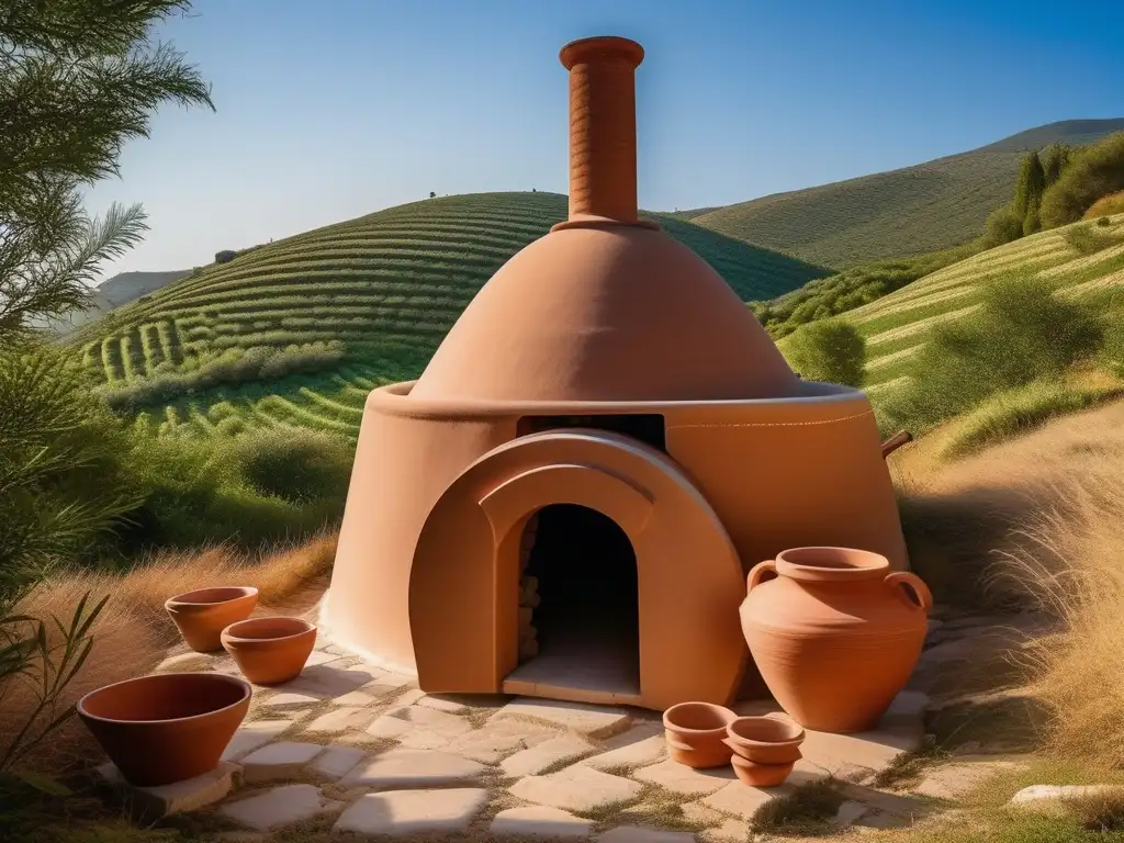 Tecnología cerámica en Grecia Antigua: horno de cerámica griego con montañas verdes y cielo azul