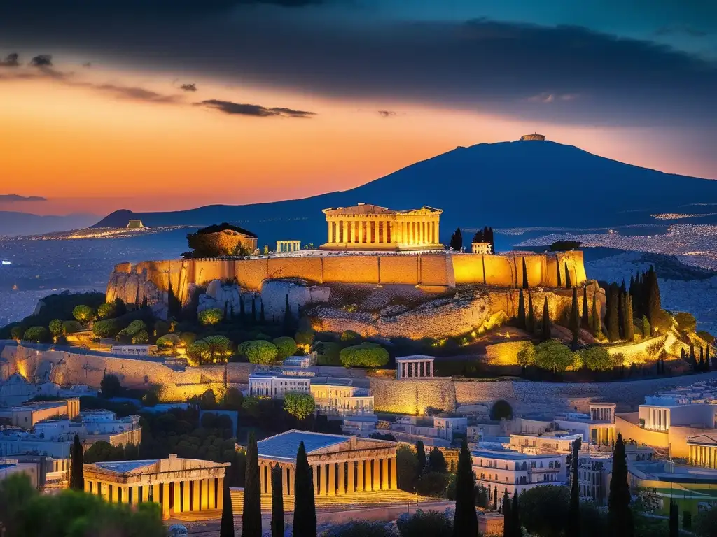 Impresionante imagen de la antigua ciudad de Atenas, con la luz dorada del atardecer