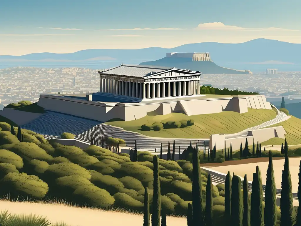 Imagen de la ciudad de Atenas en el periodo arcaico de Grecia, destacando el Parthenon y su arquitectura griega