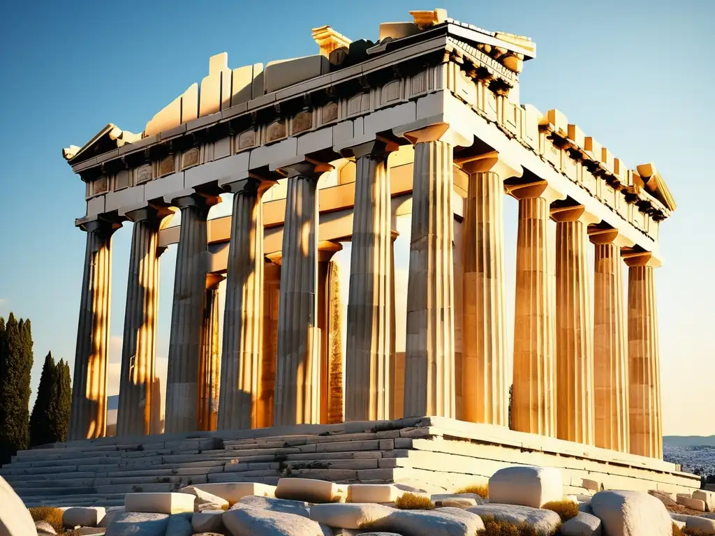 Influencia de Pericles en Grecia: Acropolis de Atenas, Parthenon, paisaje verdant y ciudadanos discutiendo