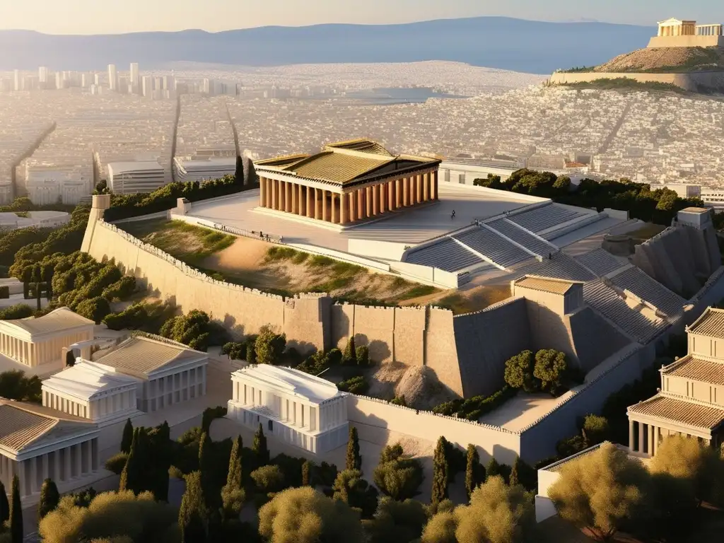 Influencia de Pericles en la antigua Grecia: imagen detallada de Atenas con el Acropolis, el Parthenon y el líder carismático