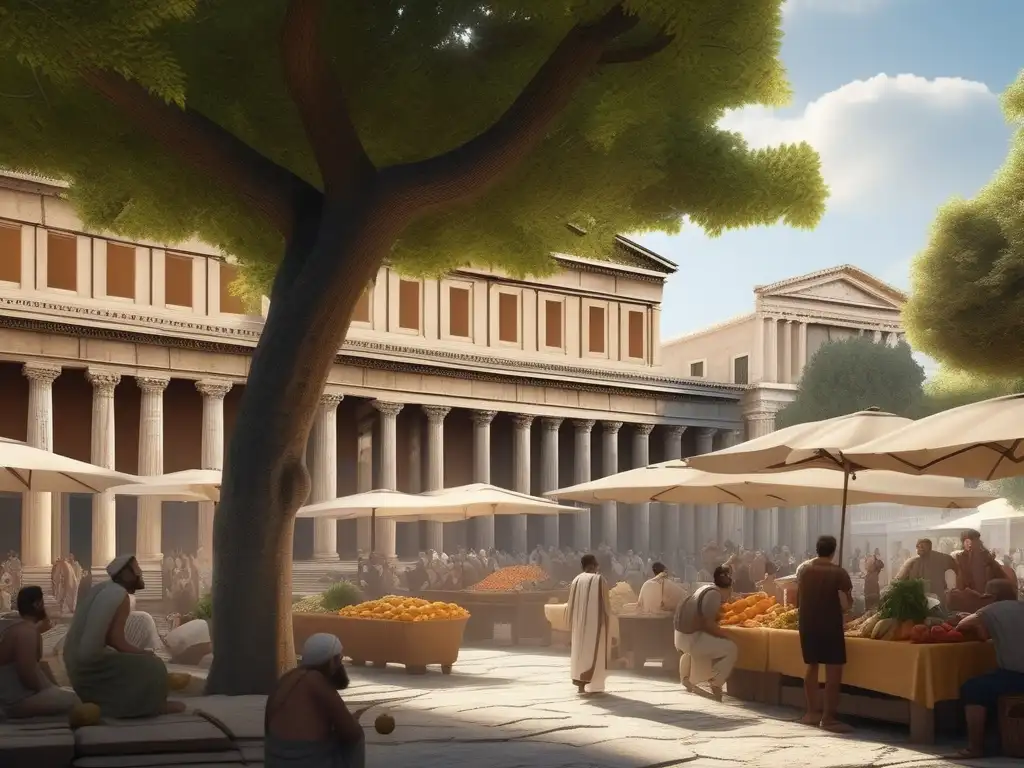 Contrastes sociales en polis griegas: Agora de Atenas con ciudadanos, filósofos debatiendo, vendedor y el majestuoso Partenón