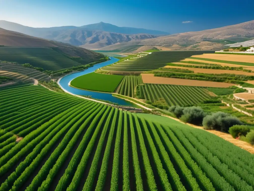 Tecnología agrícola en la Antigua Grecia: paisaje griego antiguo con campos cultivados, canales de riego y animales domésticos