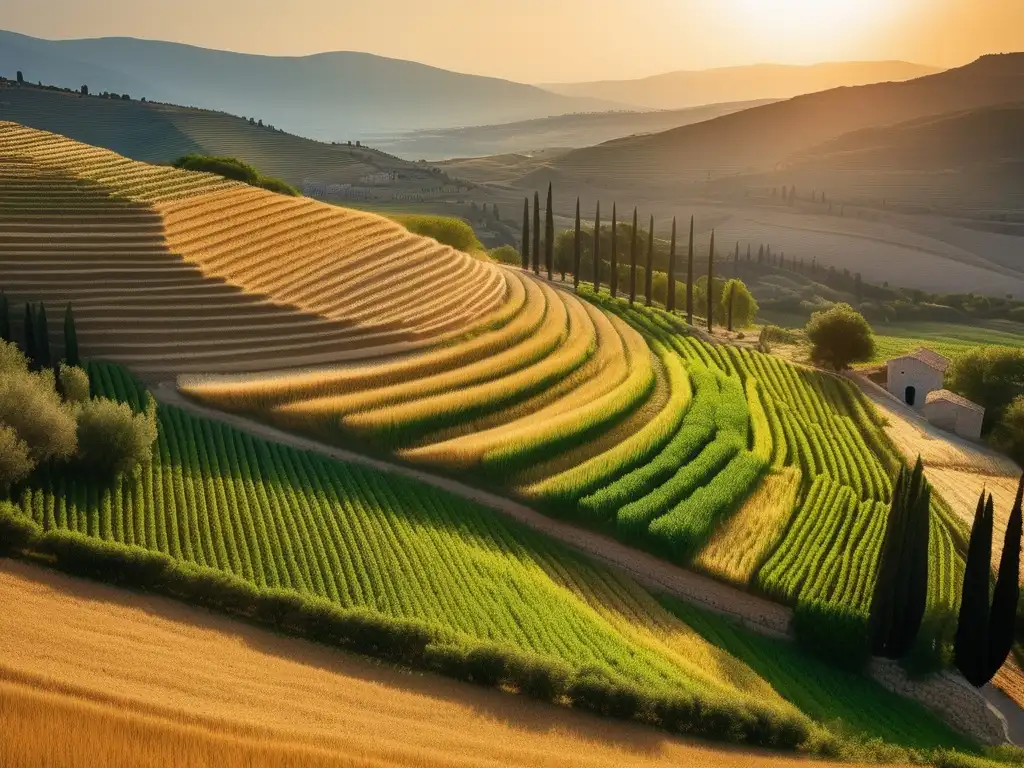 Paisaje agrícola antiguo en Grecia con herramientas agrícolas