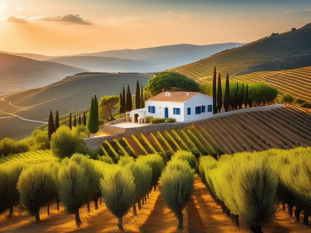 Paisaje rural griego con olivos, aldeas y agricultura - Influencia económica en la antigua Grecia