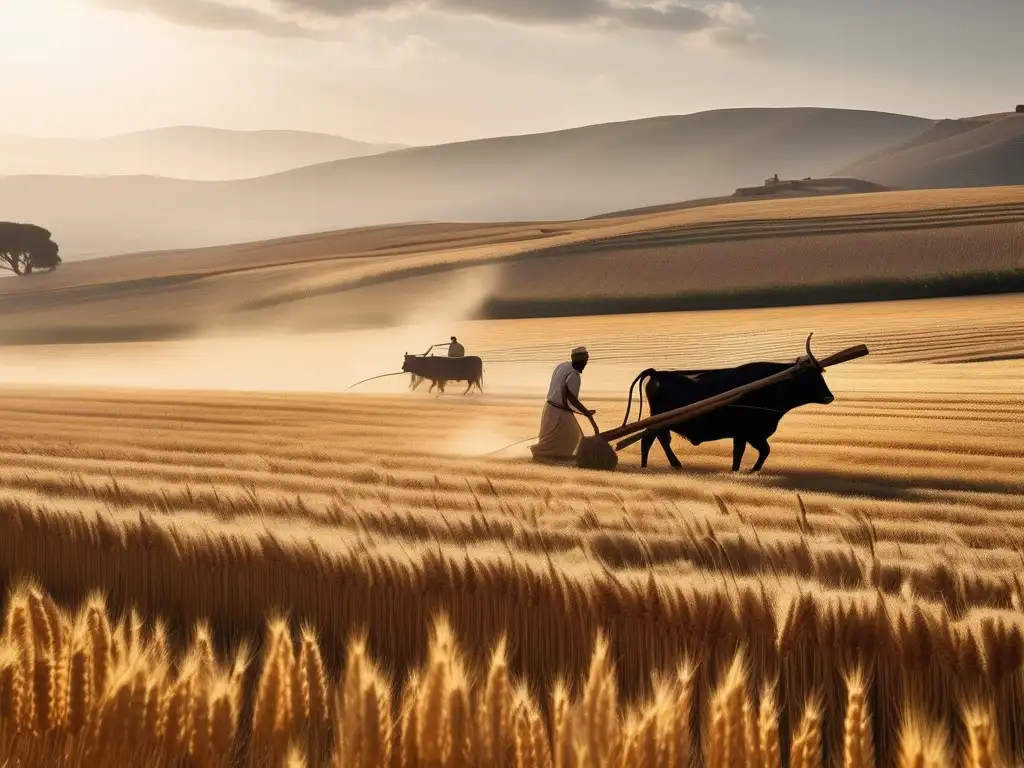 Herramientas agrícolas griegas para agricultura sostenible en un paisaje de campo dorado con tracción animal, lagar de aceite y molino de viento