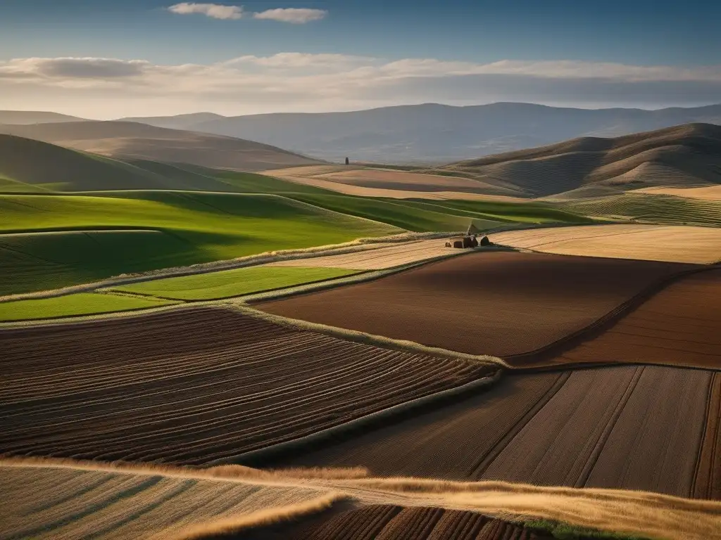 Innovaciones agrícolas duraderas en Grecia: Fotorealista imagen de campos griegos antiguos con arado de hierro y sistema de riego eficiente