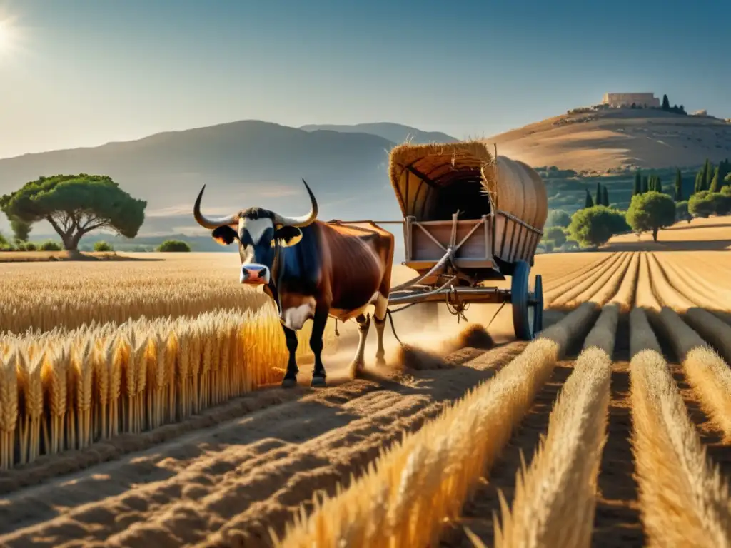 Tecnología agrícola en la Antigua Grecia: Imagen 8k detallada de paisaje griego con labrador trabajando en campo de trigo