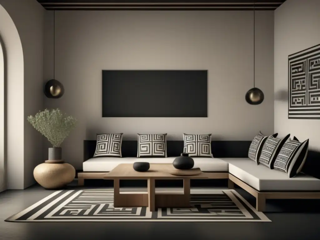 Sala de estar griega antigua: estilo geométrico y orientalizante Decoración en hogares antiguos griegos: Sala minimalista y fotorealista con patrones geométricos y estilo orientalizante